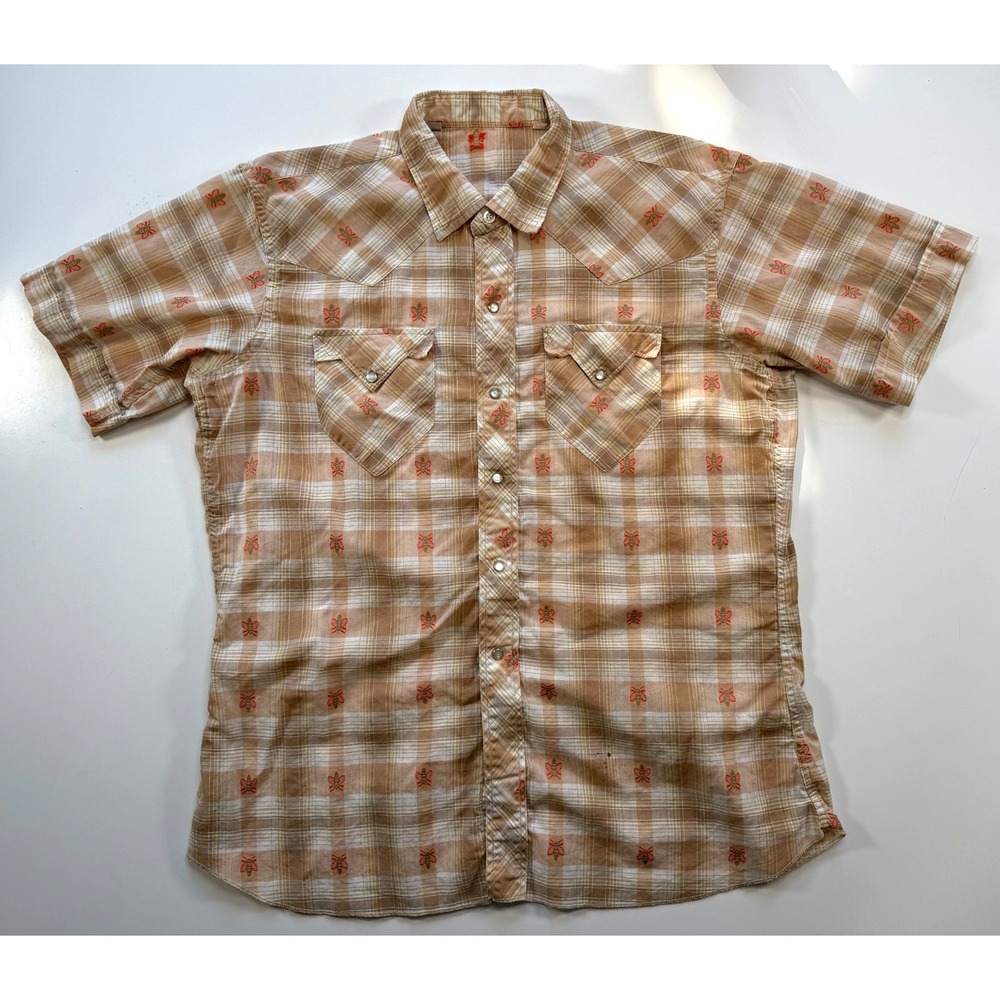 Vintage 60s 70s Western Pearl Snap Shirt Mens 16.5 Tan All-Over Bee Print Plaid